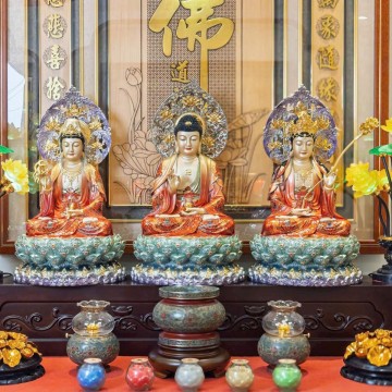 Combo Tượng Tam Thế Phật Đá thạch anh vẽ gấm hiệu ứng đồng 